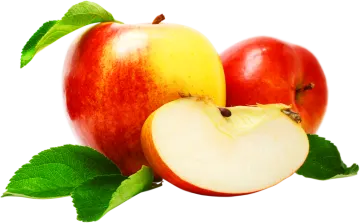 two apples with leaves on a white background