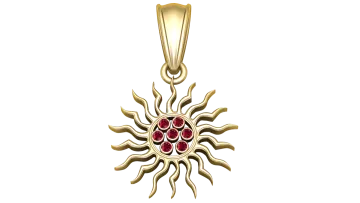 a yellow gold sun pendant with ruby stones