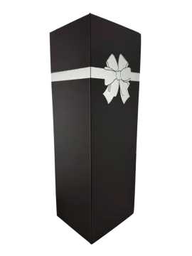 a black gift box with a white bow
