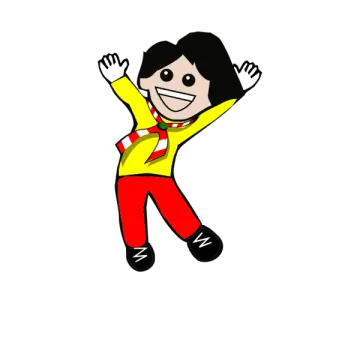 a drawing of a person in red pants and yellow shirt