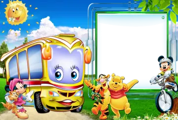a group of cartoon characters standing in front of a bus