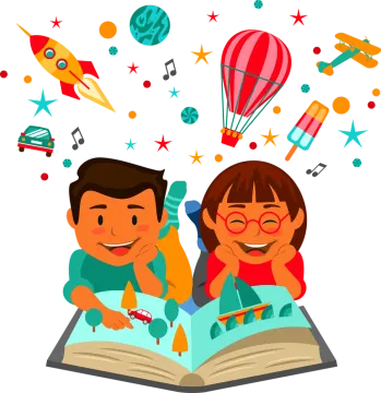 a boy and girl are reading a book