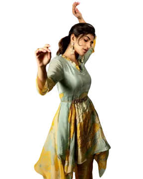 a woman in a green and yellow dress