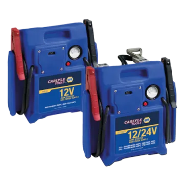 a pair of blue and red battery chargers
