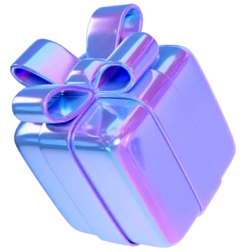 a purple gift box with a blue bow