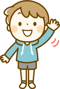 a boy in a blue shirt with his hands up