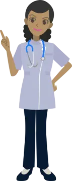 a female doctor with a stel pointing at the camera