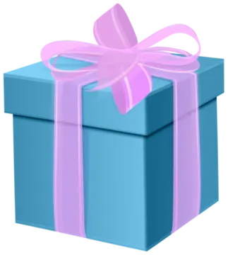 a blue gift box with a pink ribbon