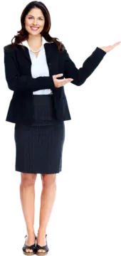 a woman in a business suit pointing at something