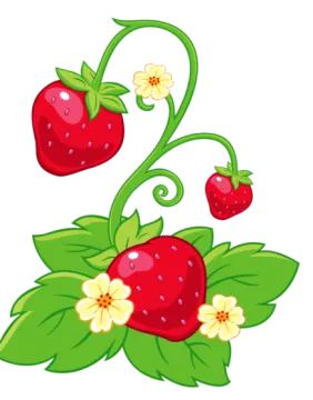a red strawberry with green leaves and flowers