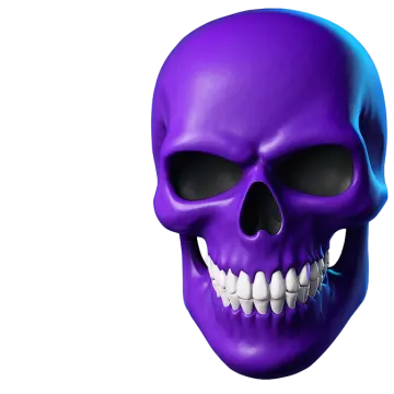a purple skull with teeth and fangs
