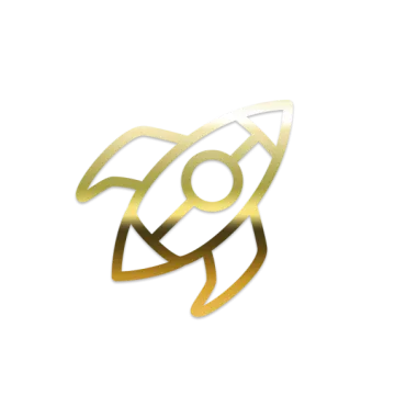 a gold rocket logo with a white background