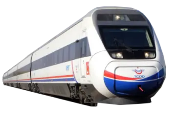 a white and blue train is on the tracks