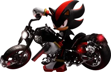 a black and red cartoon character riding a motorcycle