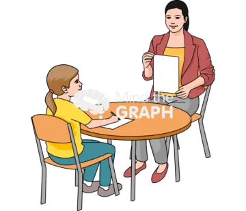 a woman sitting at a table talking to a child