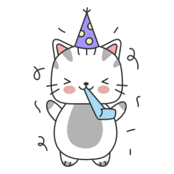 a cartoon cat wearing a party hat and holding a birthday cake