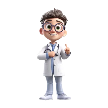 a cartoon character with glasses and a white coat