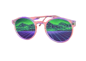 a pair of sunglasses with pink frames and green lenses