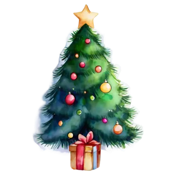 a watercolor christmas tree with presents on it