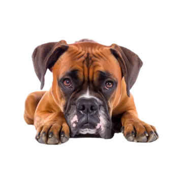 a brown and black dog laying down on the ground