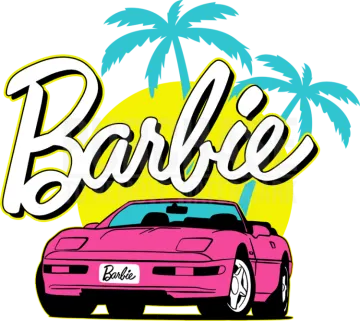 a pink car with palm trees in the background
