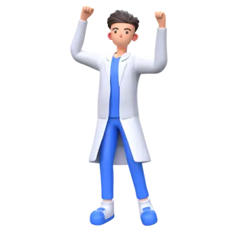 a man in a white lab coat and blue pants
