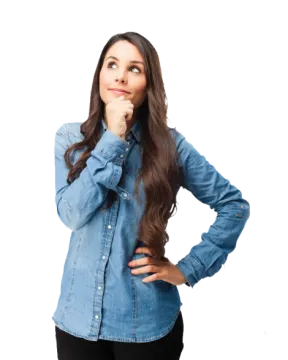 a woman wearing a denim shirt and black pants