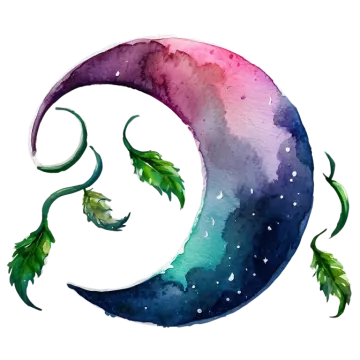 a watercolor painting of a crescent with green leaves on it