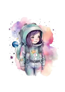 a watercolor drawing of a girl wearing an astronaut suit