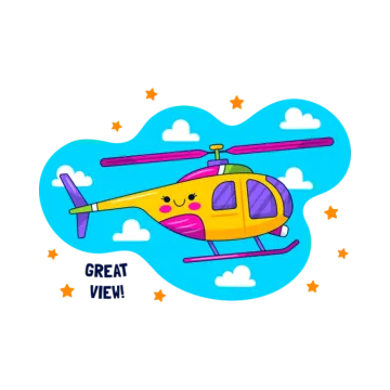 a yellow helicopter flying in the sky with stars around it