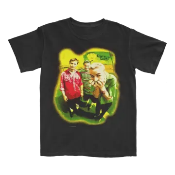 a black t - shirt with an image of two men and a woman