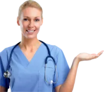 a woman in scrubs holding out her hand