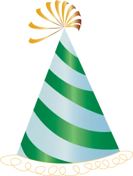 a green and white party hat with a bow on top