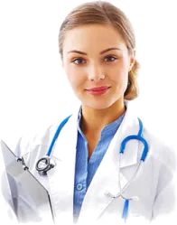a woman in a white coat with a stel