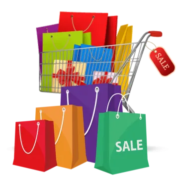 a shopping cart filled with colorful shopping bags
