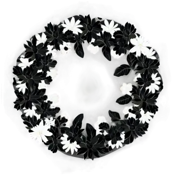 a black and white wreath with flowers