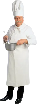 a man in a chef's uniform holding a pan