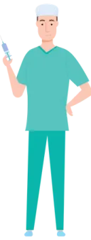 a man in scrubs holding a bottle