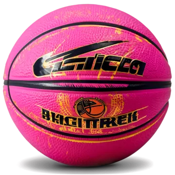 a pink basketball ball with black and gold lettering
