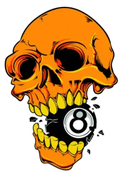 a skull with an eight ball in its mouth