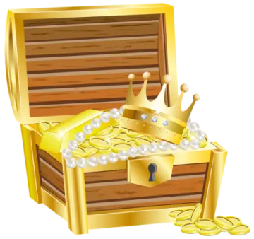 a wooden chest with pearls and a crown