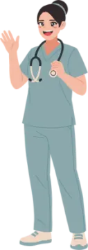 a woman in scrubs with a stel