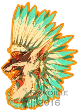 an illustration of a wolf with feathers on its head