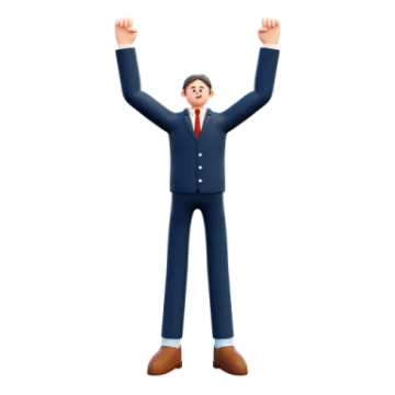 a man in a suit with his hands up