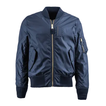 a navy bomber jacket with gold zippers