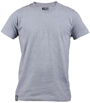 a grey t - shirt with a black logo on the chest