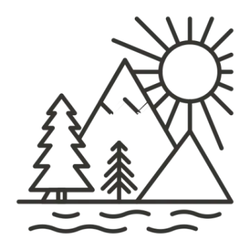 a line drawing of trees and mountains with the sun above them