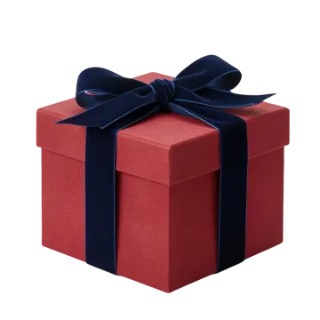 a red gift box with a blue ribbon