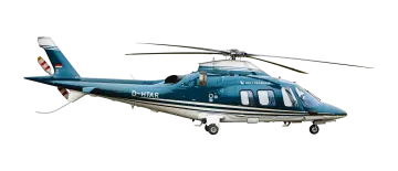 a blue and white helicopter flying in the sky