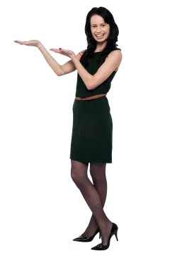 a woman in a green dress and black tights
